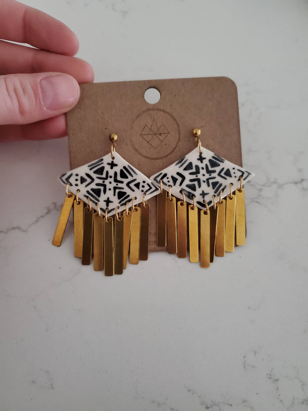 Black and White Diamond  Brass Tassl Earrings