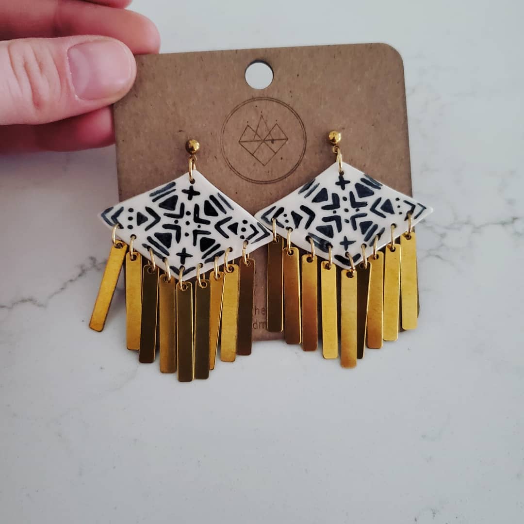 Black and White Diamond  Brass Tassl Earrings