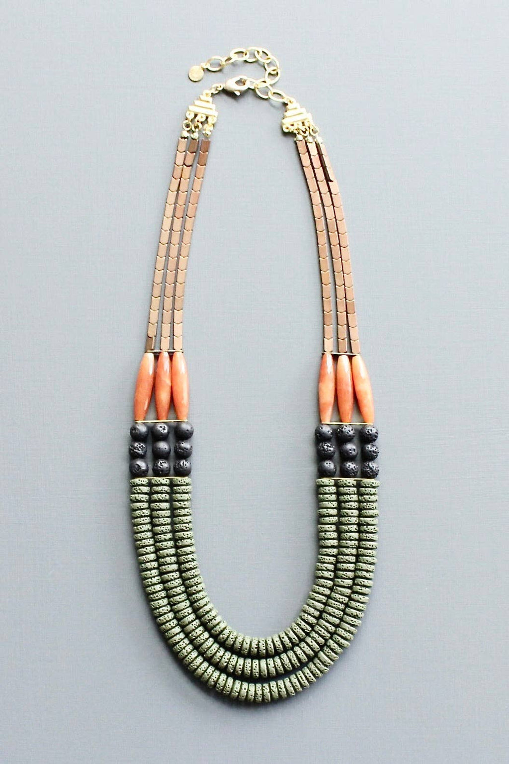 LEX221 Triple strand moss, jet, and carnelian necklace