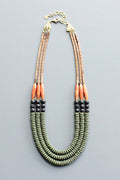 LEX221 Triple strand moss, jet, and carnelian necklace