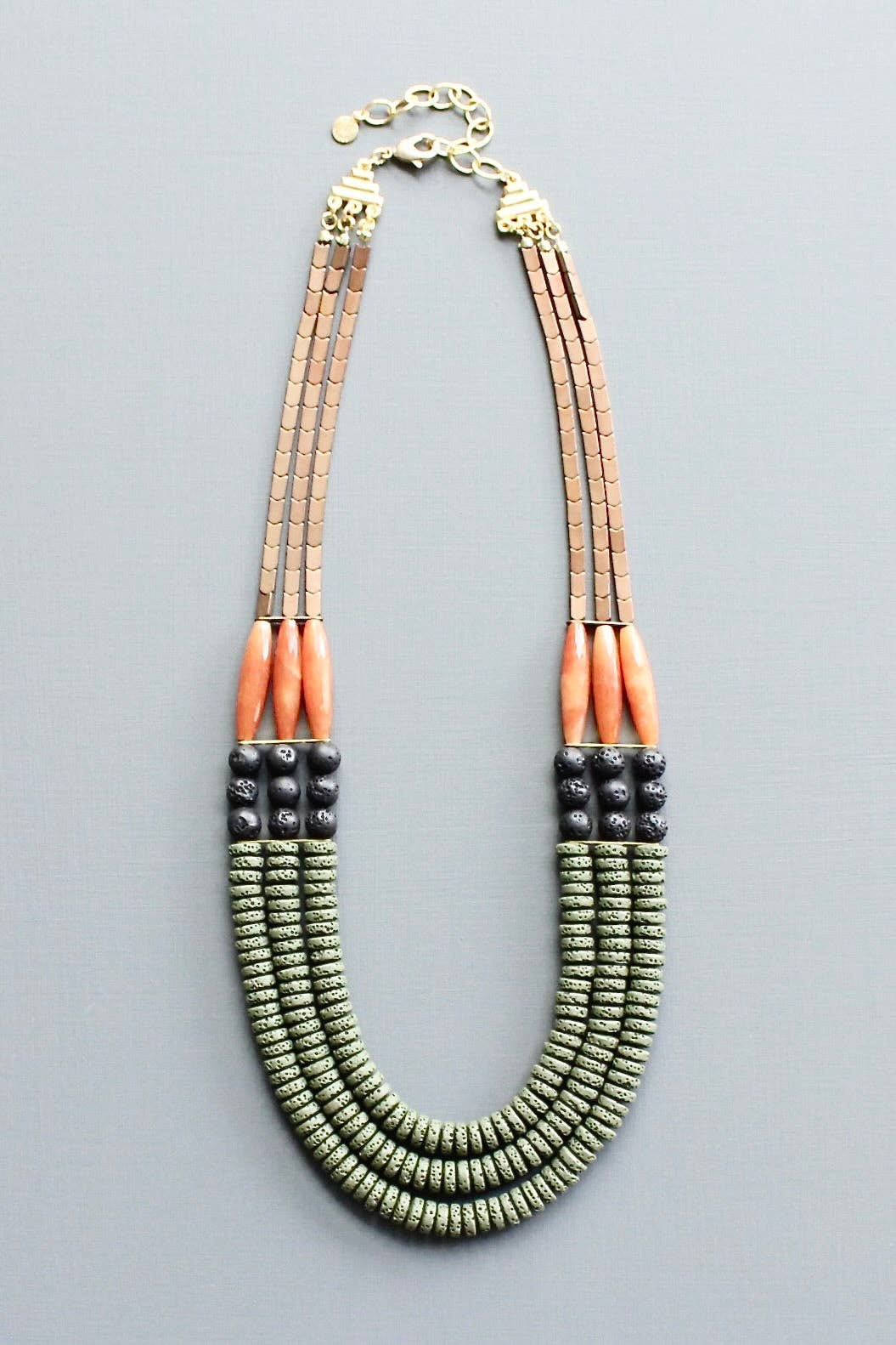 LEX221 Triple strand moss, jet, and carnelian necklace
