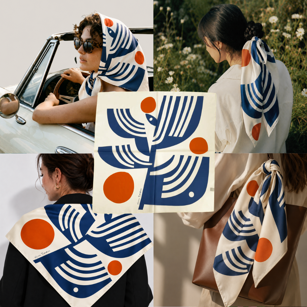 Workday Botanical Scarf | 100% Silk Bandana | Navy Rust